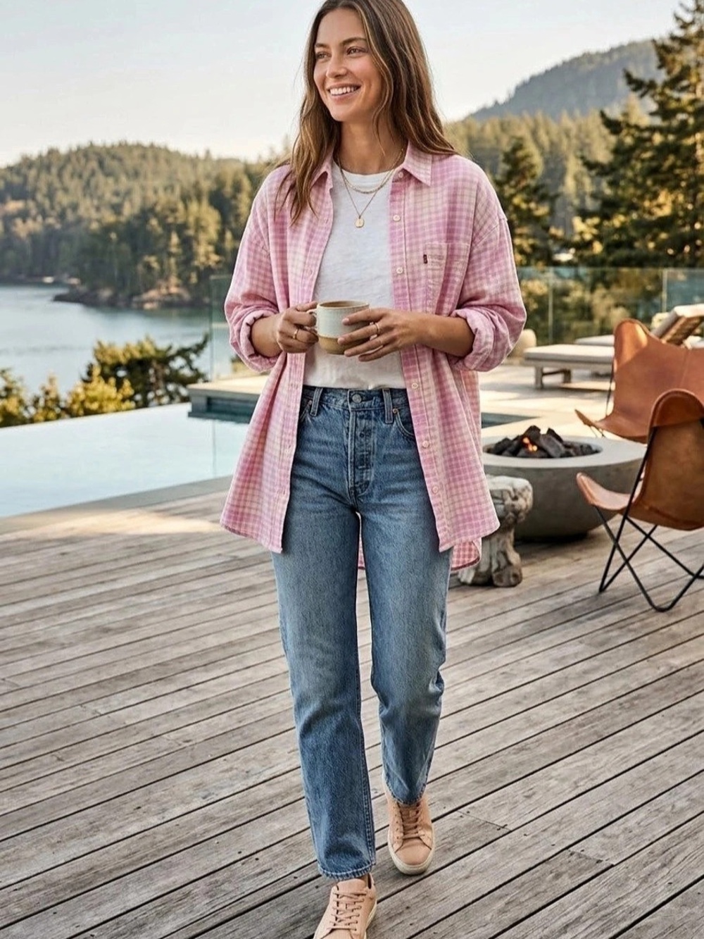 Levi's The Ex-Boyfriend Shirt Checkered Button Down in Pink & Beige Size Large